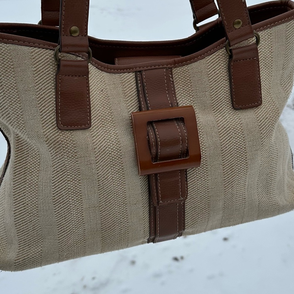 St. John’s Bay Vintage Cavas Leather Boho Buckle Tote Shoulder Neutral Bag Purse - Picture 2 of 9